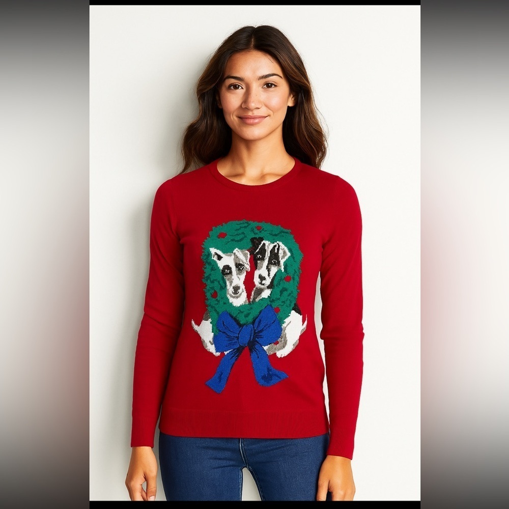 Lands End Christmas dog & wreath red sweater size small